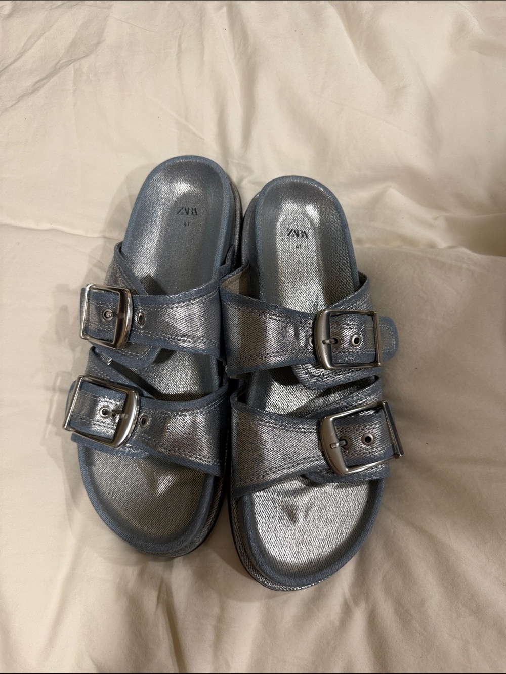 ZARA  Metallic Silver-Blue Double Buckle Slide Sandals
